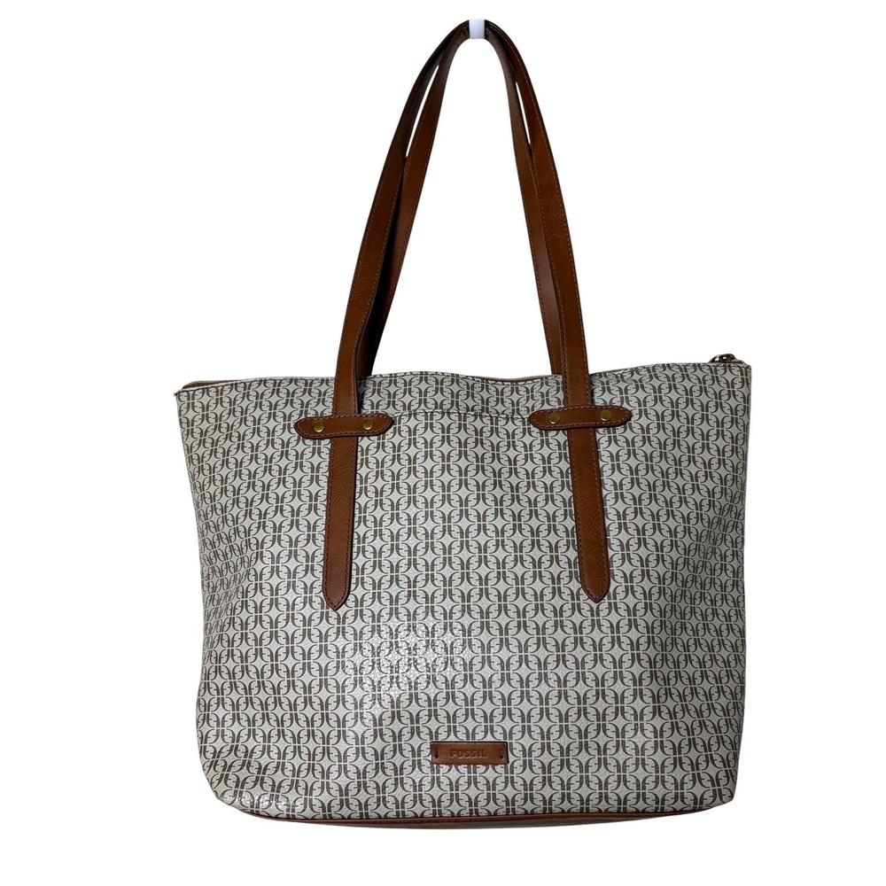 Fossil Felicity Tote Bag Cream Brown Monogram Logo‎ Print PVC Shoulder Bag